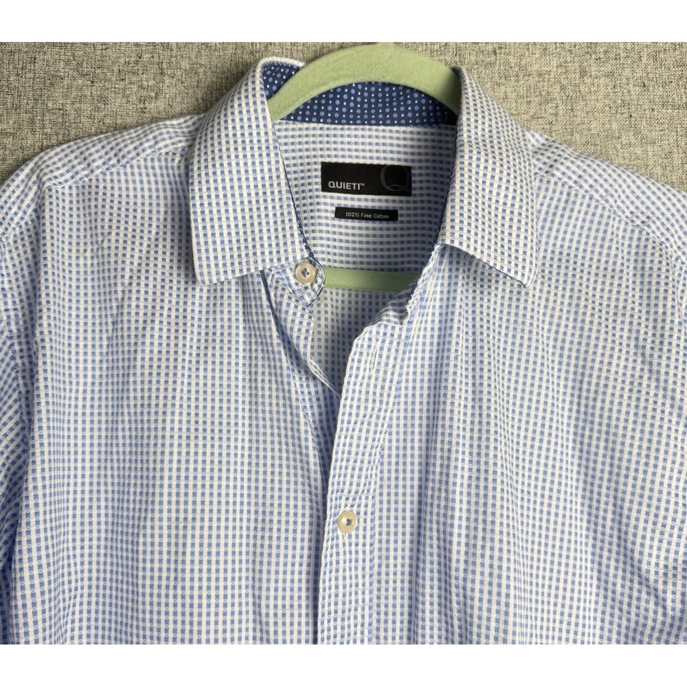 Quieti Button-Up Shirt Men's Long Sleeve Blue White Geometric Point Collar LARGE
